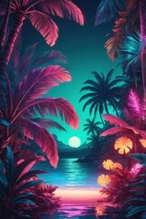  Neon-lit tropical background illustration in retro style