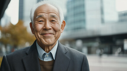 Naklejka premium Smiling Senior Japanese Businessman in a Suit Posing Against Blurred Cityscape Background - Professional Portrait
