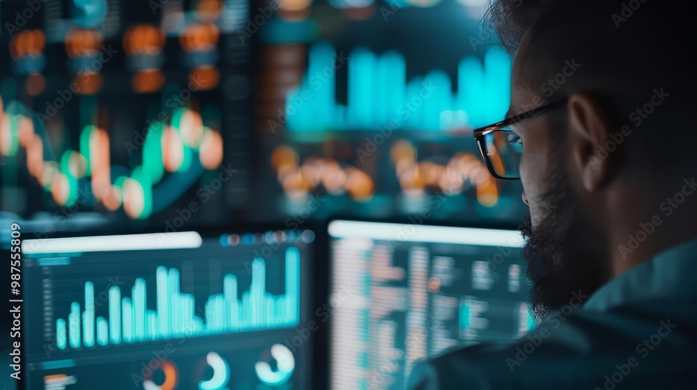 Poster a man in glasses looks intently at multiple monitors displaying stock market data.