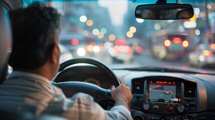 Rear view of a man driving a car through a busy city at night.