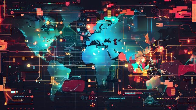 Vivid illustration of a computer interface overlaying a colorful world map as a digital lens.