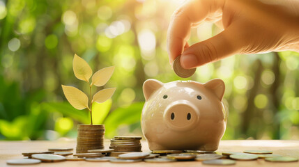 Hand dropping coins into a piggy bank – symbolic of personal savings and smart investments, bright and clean background.
