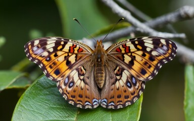 Obraz premium Butterfly on leaf. Colorful butterfly with intricate patterns, perched on a green leaf, showcasing nature's beauty and delicate wings.