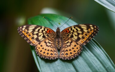 Obraz premium Butterfly on leaf. Close-up of a butterfly with orange and black wings perched on a green leaf. The image captures the beauty and fragility of nature.