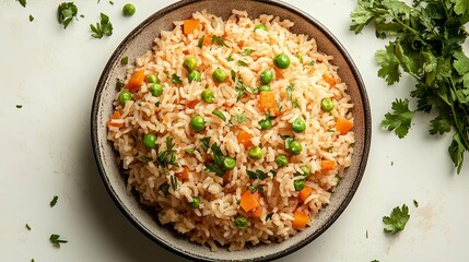 Rice Dish with Peas, Carrots, and Parsley in a Brown Bowl