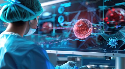 Dedicated scientist analyzing DNA sequences on advanced digital display for groundbreaking cancer research. Innovative laboratory equipment and detailed medical charts support complex genetic studies