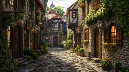 Fototapeta premium Charming cobblestone alley surrounded by colorful houses and vibrant flowers in a picturesque village during sunny daylight
