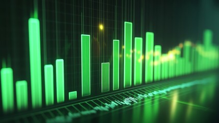 Bar charts with green color going up and down for positive Eco-investing stock market or green investment banking charts