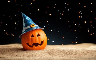 Naklejka premium Halloween pumpkin with wizard hat on sandy background, magical atmosphere.