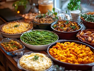 Obraz premium Thanksgiving side dishes like green beans and sweet potatoes on a festive table