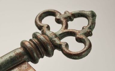 Antique key closeup. A weathered, antique key with a decorative design. It symbolizes access, opportunity, and the passage of time.