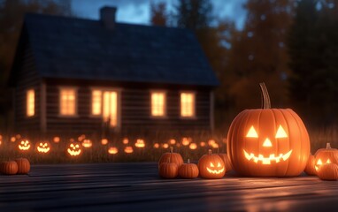 Halloween pumpkins glowing beside a cozy cabin at dusk.