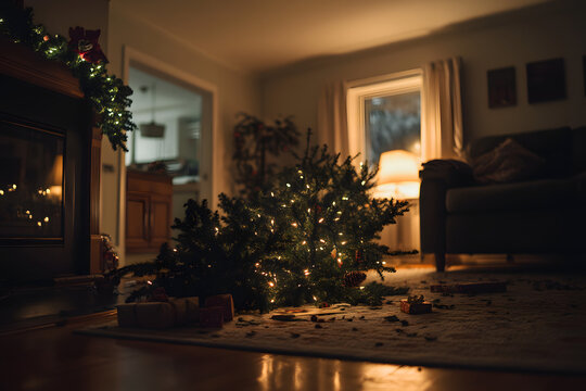 Cozy Home with Fallen Christmas Tree and Warm Lighting in Living Room