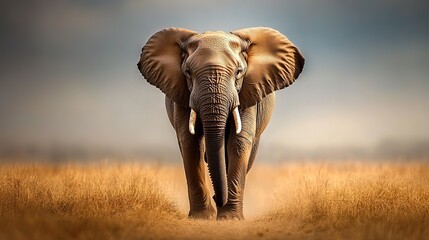 Obraz premium A majestic elephant walks through golden grasslands under a dramatic sky during twilight in the African savanna