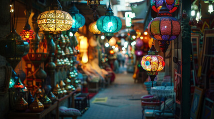 Obraz premium Old Arabic market street with hanging lanterns – narrow street filled with traditional shops, colorful lanterns hanging from above, lively and vibrant atmosphere.