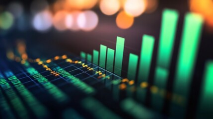 Bar charts with green color going up and down for positive Eco-investing stock market or green...