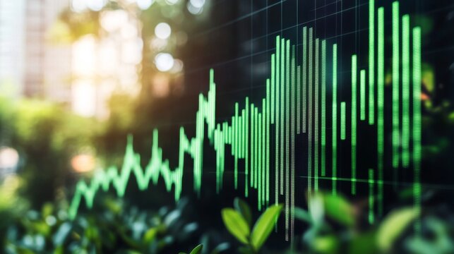 Bar charts with green color going up and down for positive Eco-investing stock market or green investment banking charts
