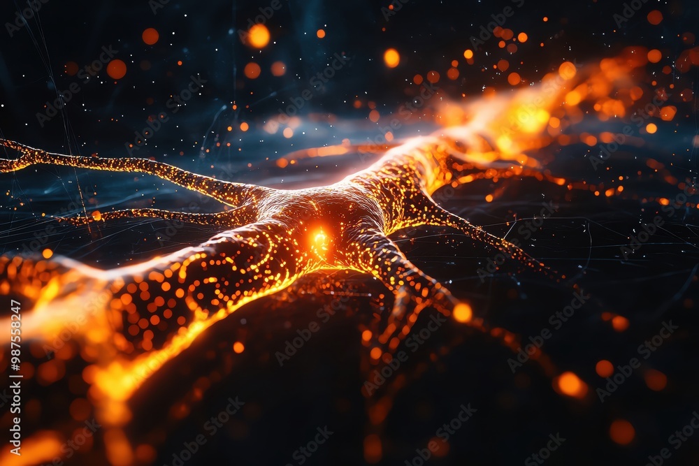 Poster abstract illustration of a neural network with glowing connections and particles.