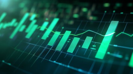Bar charts with green color going up and down for positive Eco-investing stock market or green investment banking charts