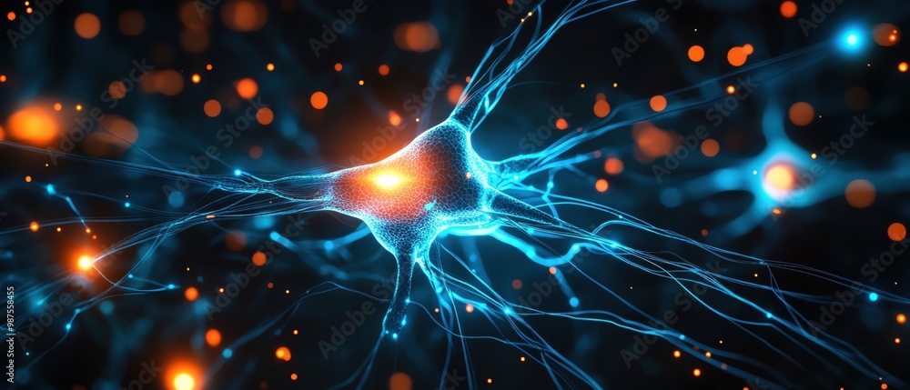 Aufkleber abstract representation of a neuron with glowing connections in dark background.