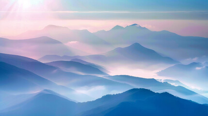 Obraz premium Scenic mountain landscape at sunrise – vast mountain range with soft sunlight, mist in the valleys, peaceful and serene setting.