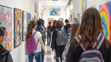 School art exhibition – walls filled with student art, parents and teachers walking through admiring the work, bright, creative setting.