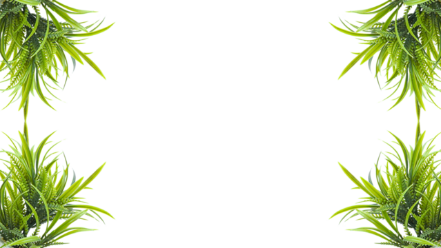 Green Grass Border, Frame For Text or Editing. Fresh natural greenery leaves, branches, forest fern, herbs botanical border, frame, text space. Poster banner, wedding invite, greeting card. PNG File.