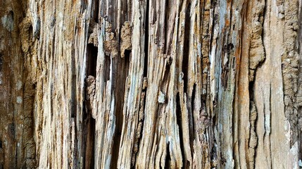 The bark of an old tree, attached to an ant nest made of soil, the texture and fibers of the tree are clearly visible.