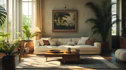 Sunlit Living Room with White Sofa and Palm Tree Illustration