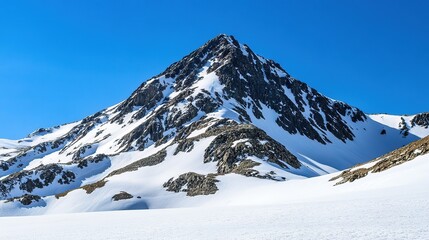 Majestic snow-capped mountain peak under clear blue sky during bright daylight in a serene winter landscape