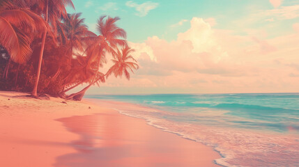 Vintage Tropical Beach with Palm Trees and Ocean Waves – Retro Film-Style Sunset and Paradise Landscape