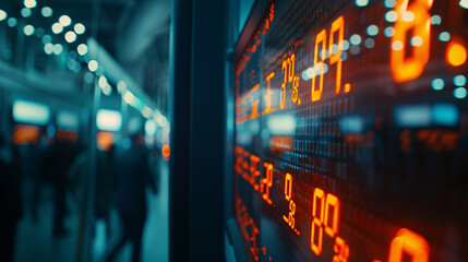 Stock market ticker screen in a trading room – bright digital ticker, blurred background with traders, financial data scrolling.