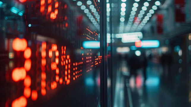 Stock market ticker screen in a trading room – bright digital ticker, blurred background with traders, financial data scrolling.