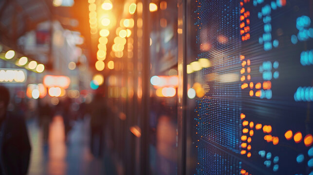 Stock market ticker screen in a trading room – bright digital ticker, blurred background with traders, financial data scrolling.