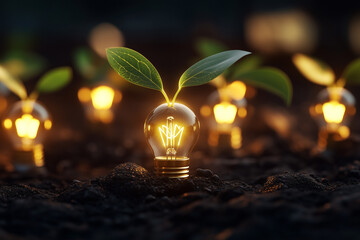 Conceptual image of glowing lightbulbs sprouting leaves, symbolizing growth and innovation.