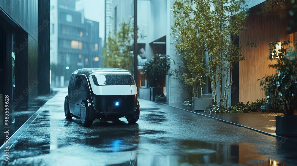 Poster a compact robotic assistant navigates a futuristic corridor with glowing lights and sleek architectu