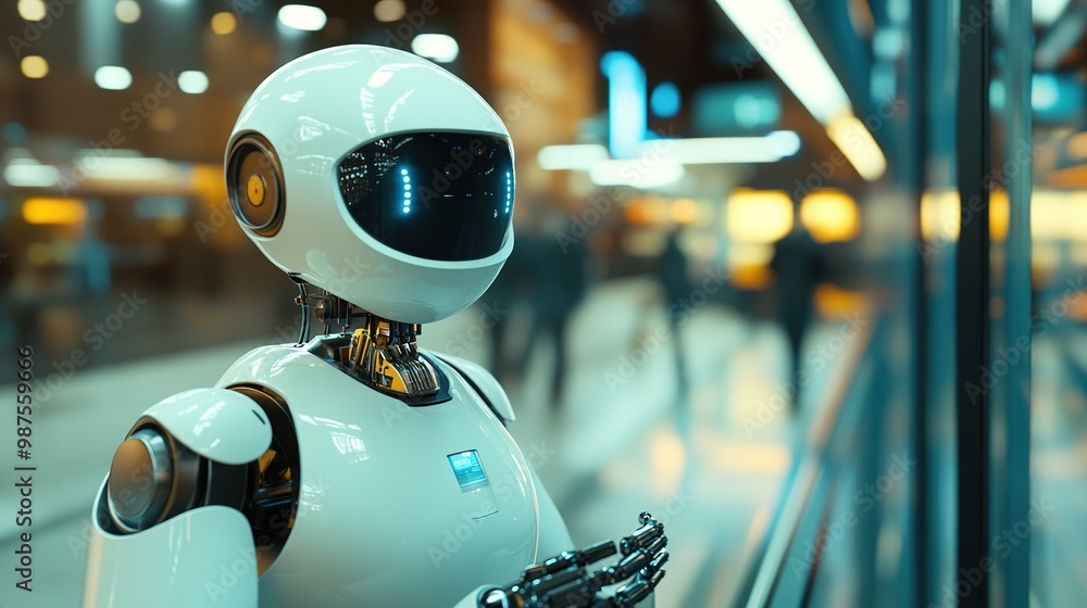 Poster a compact robotic assistant navigates a futuristic corridor with glowing lights and sleek architectu