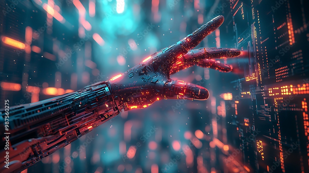 Aufkleber futuristic robot hand reaching out in sci-fi digital grid with spray paint - tech-inspired backgroun