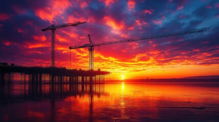 Construction Cranes Silhouetted Against a Dramatic Sunset