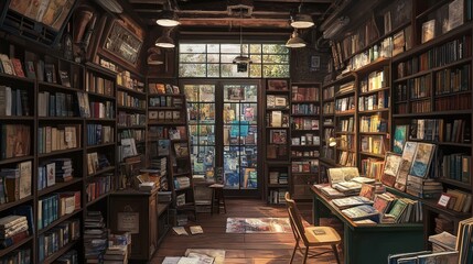 A serene view of a cozy bookstore filled with shelves of books and greenery, inviting visitors to explore its quiet corners during the day