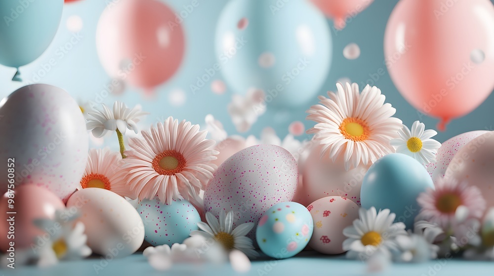 Wall mural a cool style easter celebration with pastel balloons, flowers, and decorated eggs arranged in a styl