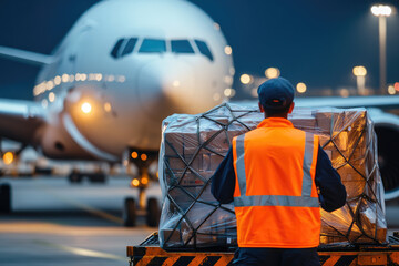 Airport ground staff loading cargo on airplane before take off