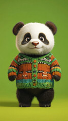 A high-quality, full-body, photorealistic image of a baby panda wearing a cozy knitted sweater