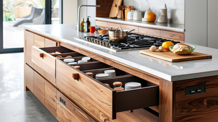 Minimalist kitchen island featuring storage areas, gas stove, and organized drawers. design emphasizes functionality and elegance, perfect for modern cooking spaces
