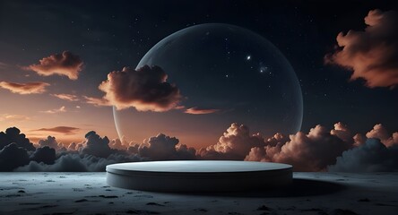 3d render platform and Natural podium background on the high clouds at night for product display, Blank showcase, mock up template or cosmetic presentation with empty round stage 