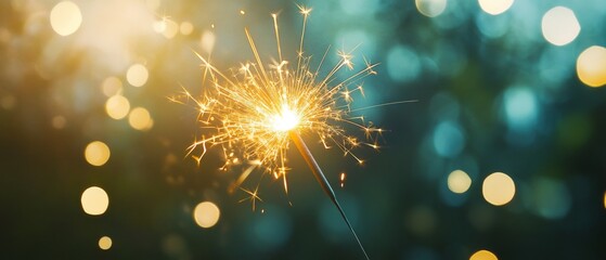 Burning sparkler with bokeh light background, with copy space