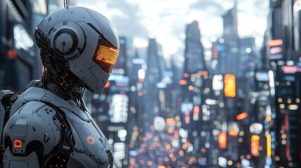 Fototapeta premium Futuristic Robot in a Neon Metropolis