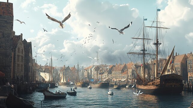 Harbor scene with sailing ships, bustling docks, and seagulls above in a coastal town during the day in the 18th century