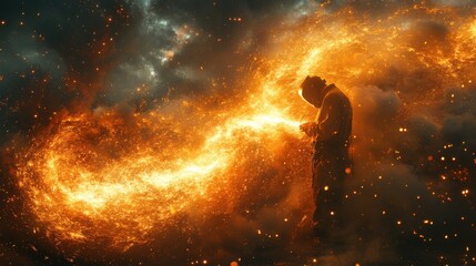 Fototapeta premium Silhouetted Figure Amidst a Fiery Galaxy