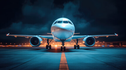 Fototapeta premium Passenger airplane standing on runway at night